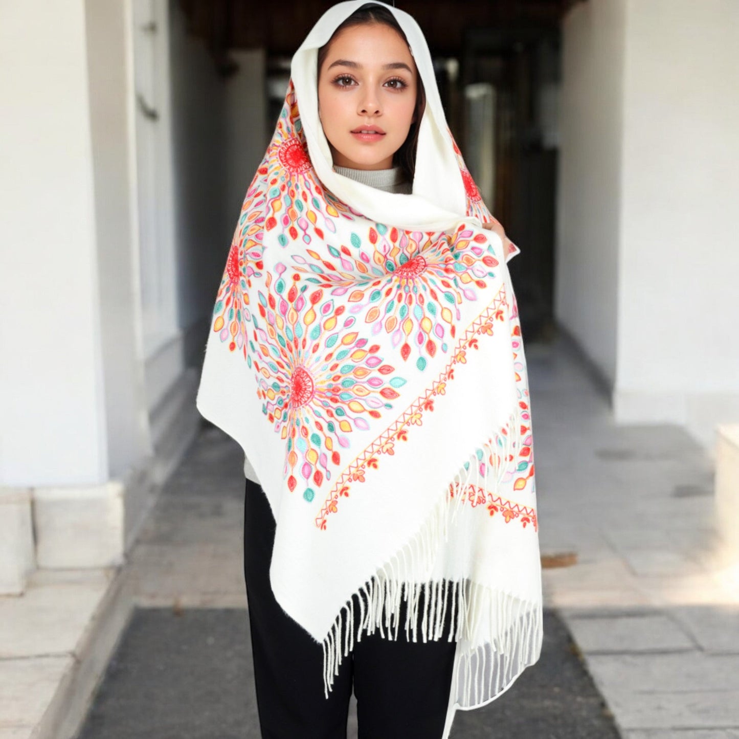 Floral Mandala Embroidered Scarf with Fringed Edges and Lightweight Fabric