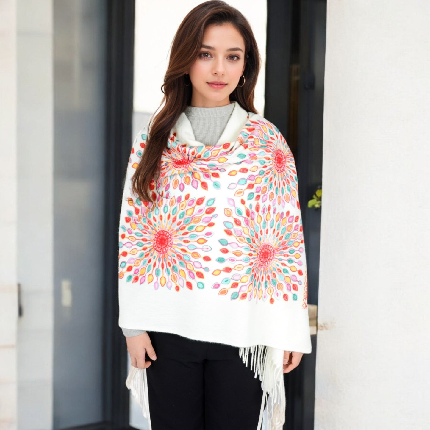 Floral Mandala Embroidered Scarf with Fringed Edges and Lightweight Fabric