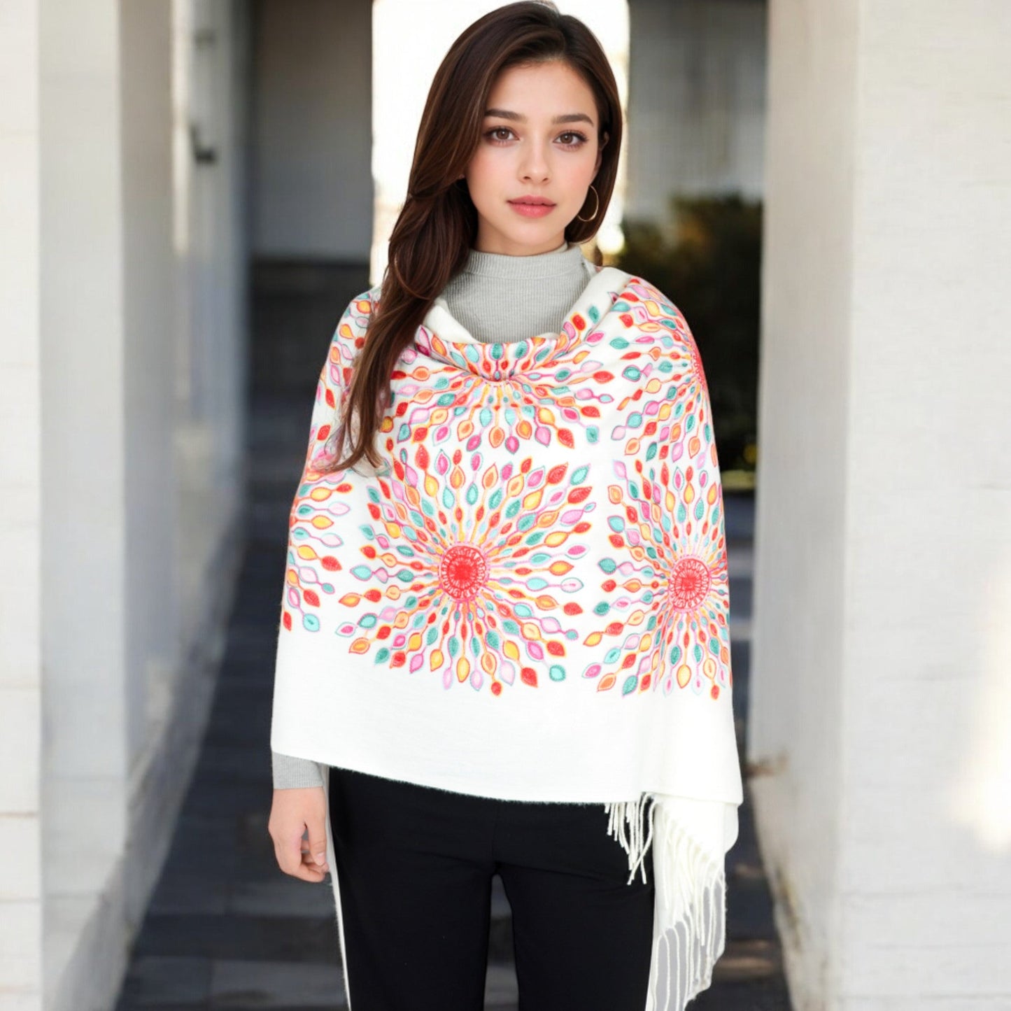 Floral Mandala Embroidered Scarf with Fringed Edges and Lightweight Fabric