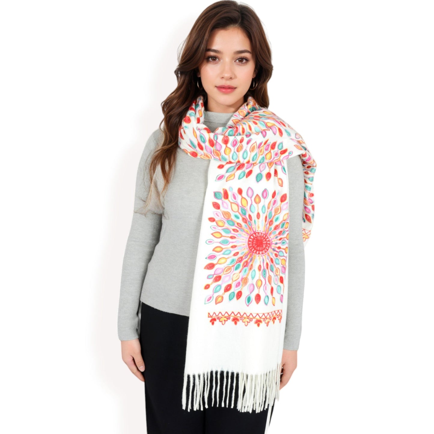 Floral Mandala Embroidered Scarf with Fringed Edges and Lightweight Fabric