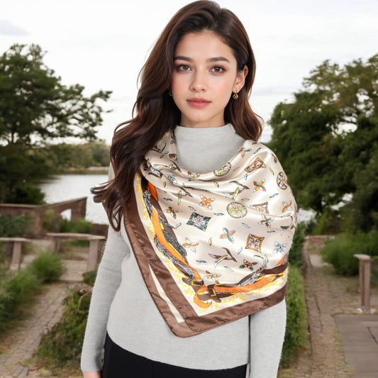 Vintage-Inspired Satin Square Scarves with Vibrant Patterns and Bold Feather and Butterfly Motifs