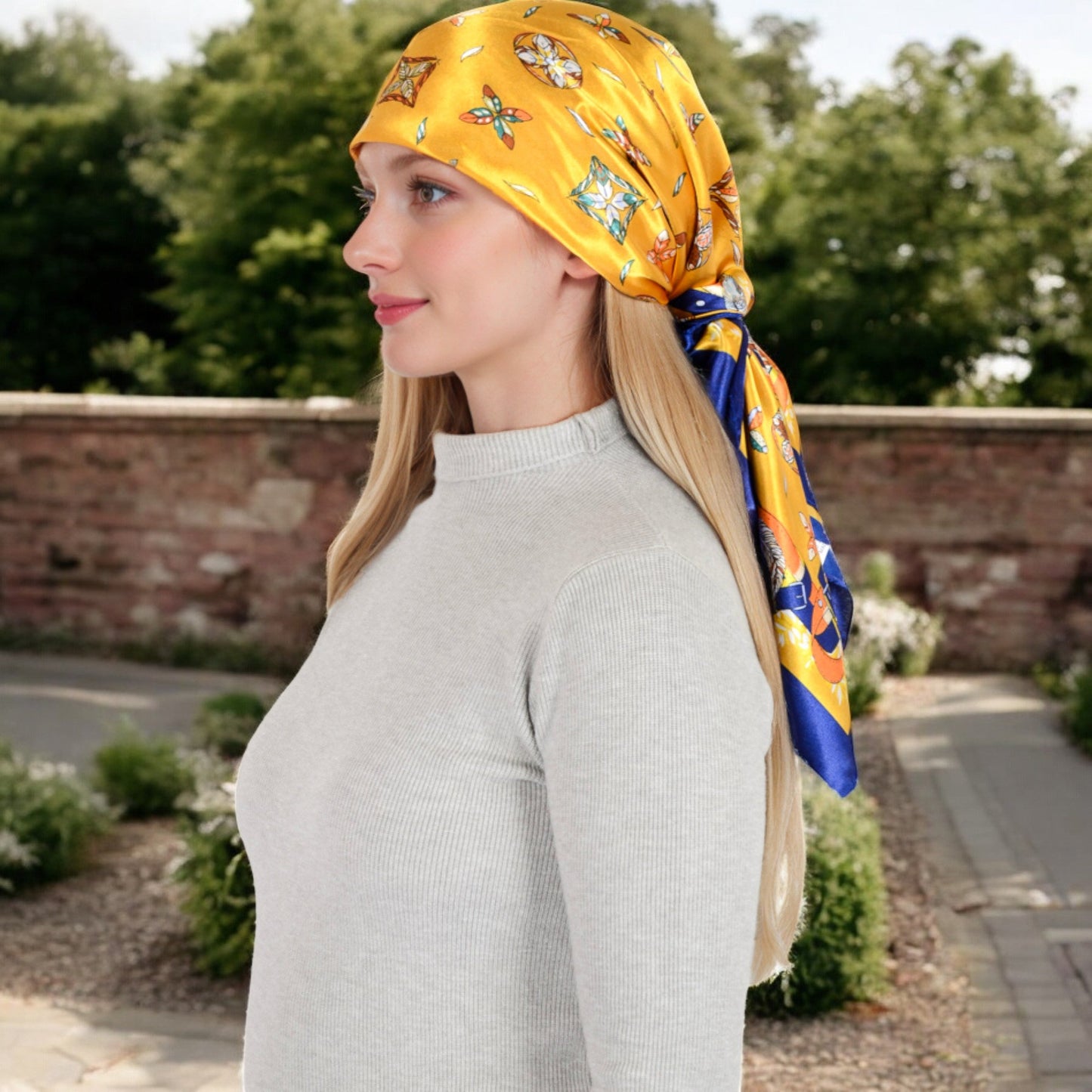 Vintage-Inspired Satin Square Scarves with Vibrant Patterns and Bold Feather and Butterfly Motifs