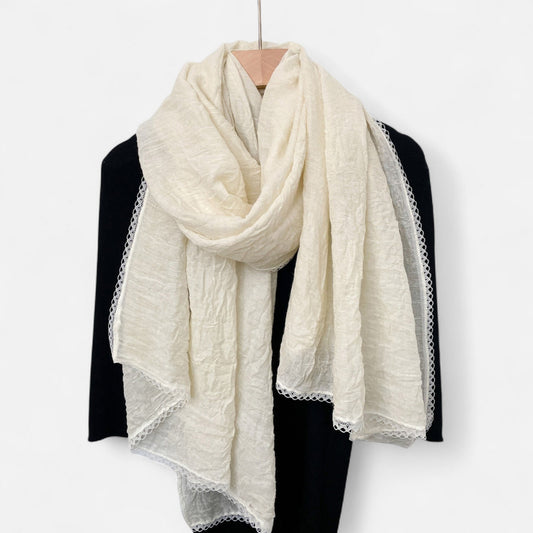 Lightweight Crinkled Wrap Scarf with Delicate Lace Trim Edges