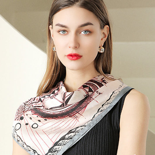 Women's Vintage-Inspired Satin Scarf with Artistic Print and Map Detail for Hair Neck or Bag Accessory
