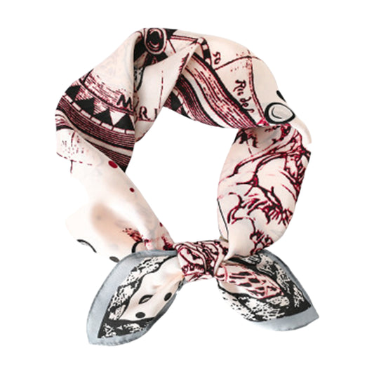Women's Vintage-Inspired Satin Scarf with Artistic Print and Map Detail for Hair Neck or Bag Accessory