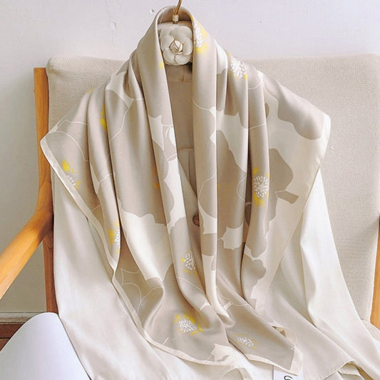 Square Floral Print Satin Scarf with Bold Leaf Pattern and Smooth Silky Finish