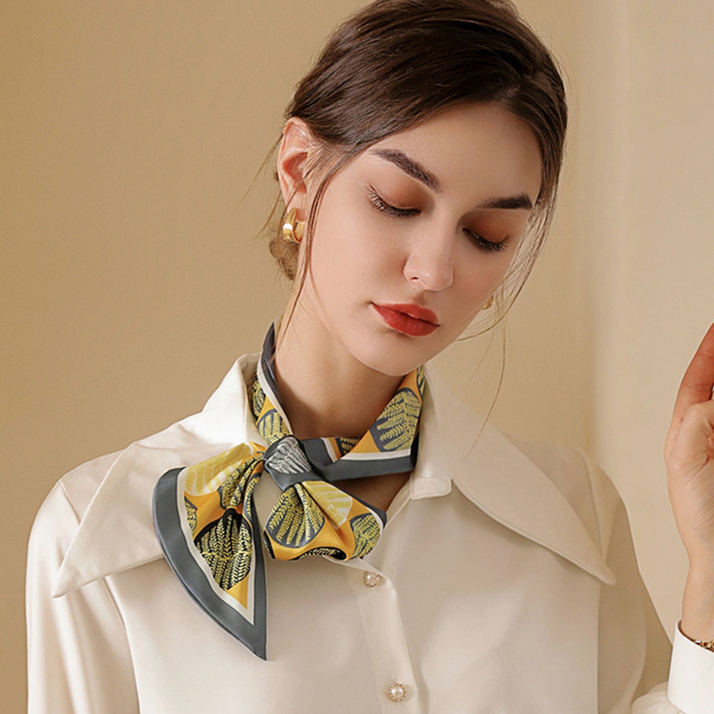 Leaf Print Silky Scarf with Lightweight Fabric Modern Square Design and Smooth Finish