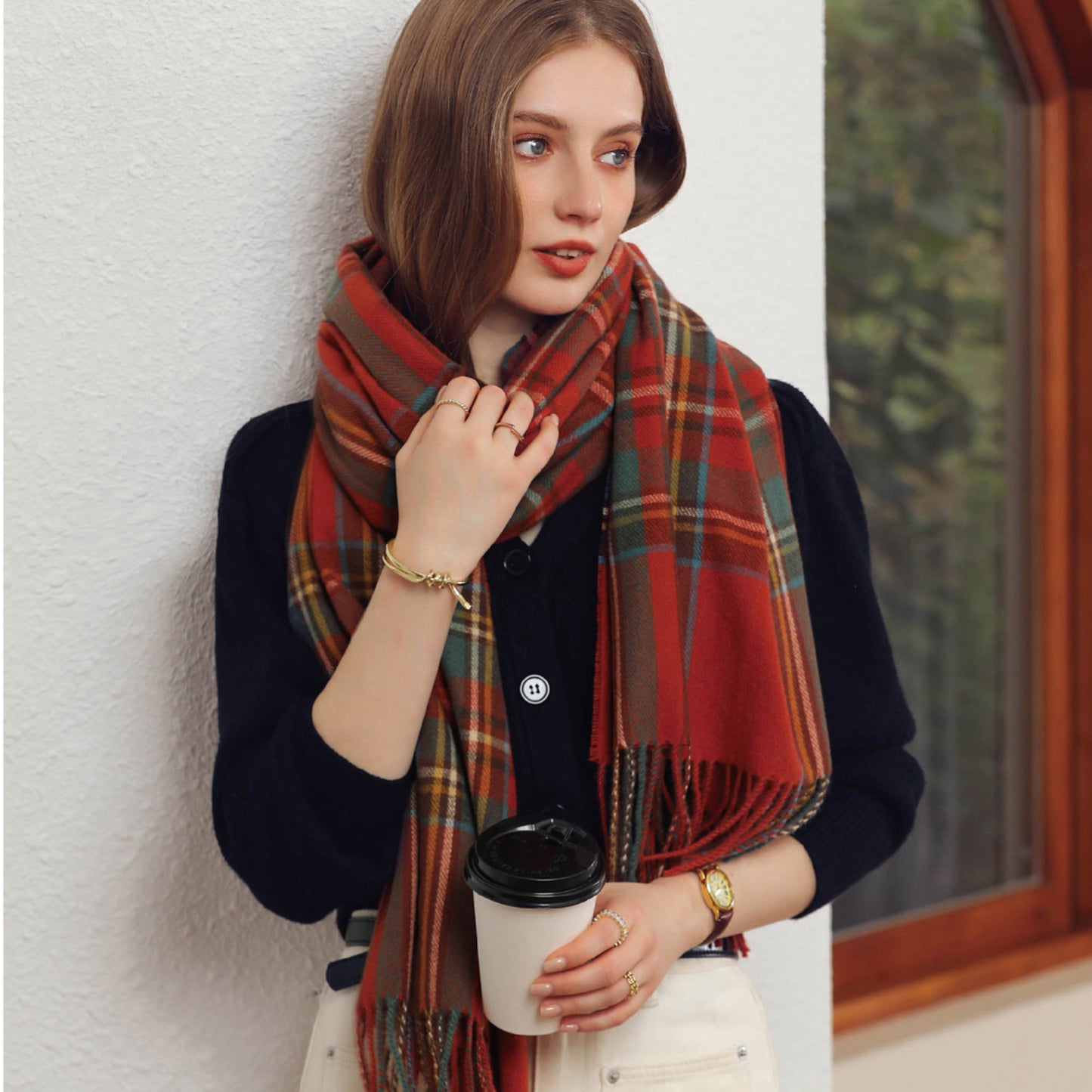 Plaid Fringe Scarf with Soft Woven Fabric Classic Check Pattern and Cozy Wrap Design
