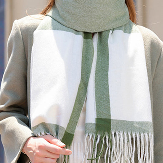 Striped Woven Scarf with Soft Cozy Fabric Two-Tone Design and Fringe Trim Detailing