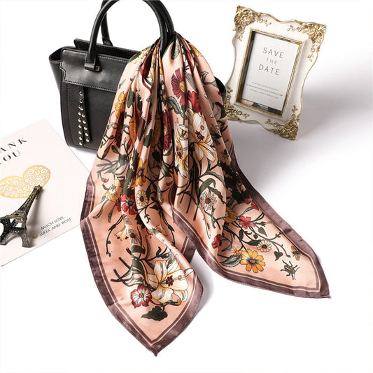 Satin Floral Print Square Scarf with Elegant Vintage Inspired Design - 27.5IN¡Á27.5IN