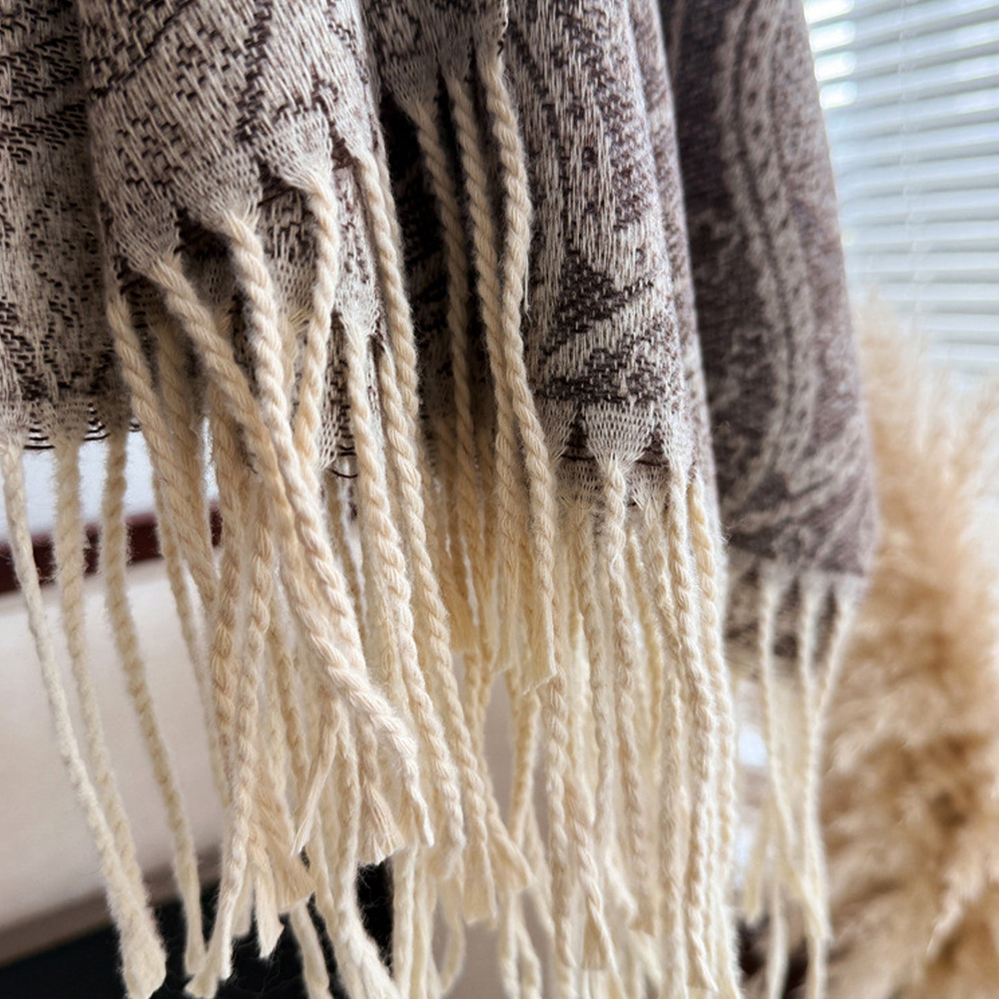 Jacquard Knit Scarf with Tassel Fringe and Bohemian Floral Pattern 78.5¡Á26 Inches
