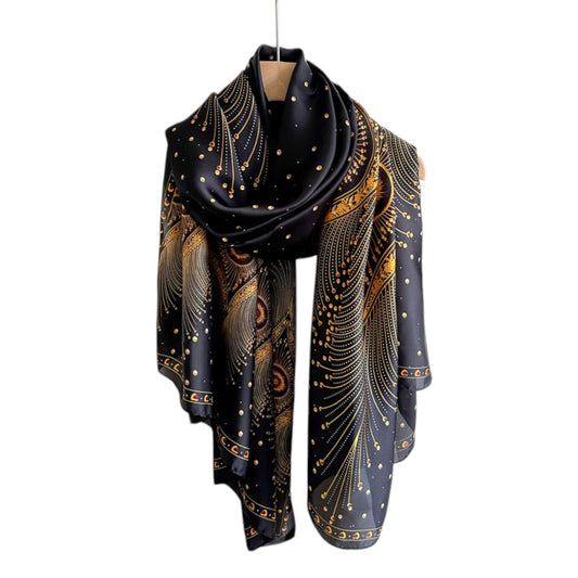 Long Satin Scarf with Gold Peacock Feather Print 70.8¡Á31.5 Inches