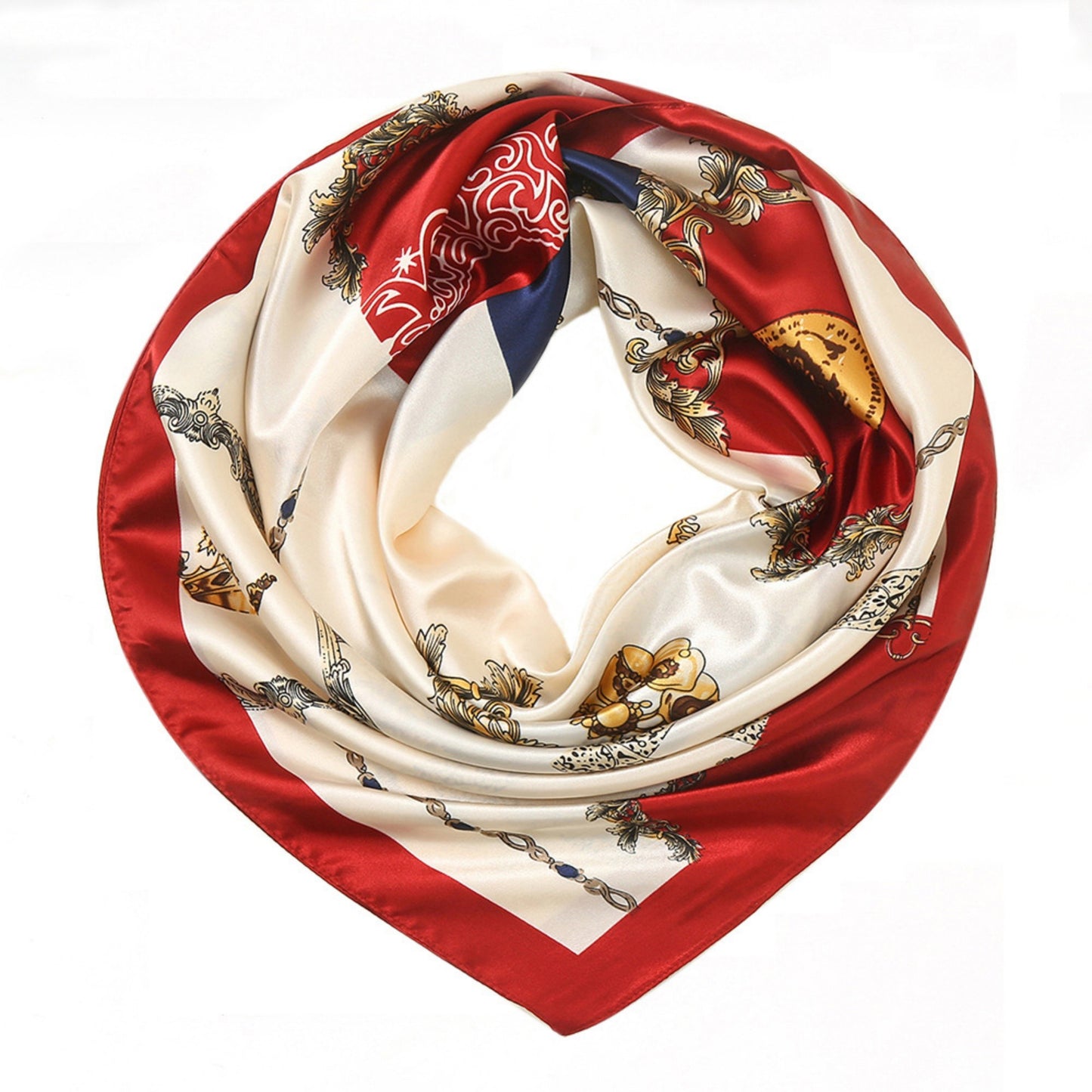 Satin Square Scarf with Baroque Frame and Chain Print 35.5x35.5in