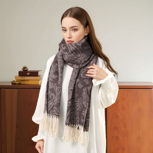 Paisley Jacquard Knit Scarf with Soft Fringe Ends 73x27.5in