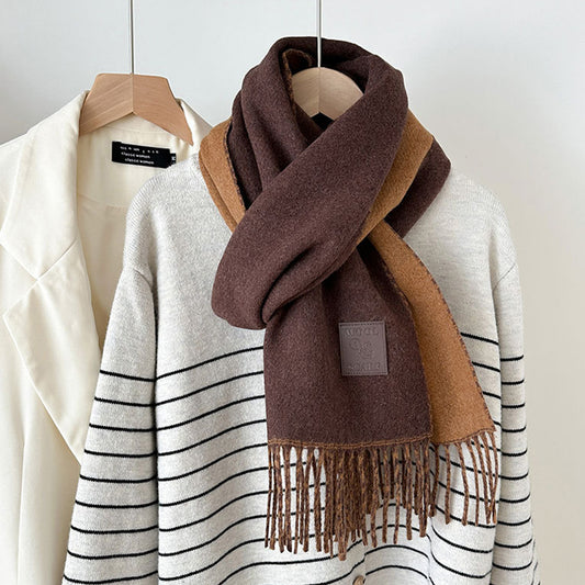 Womens Reversible Two Tone Warm Scarf with Fringe Trim