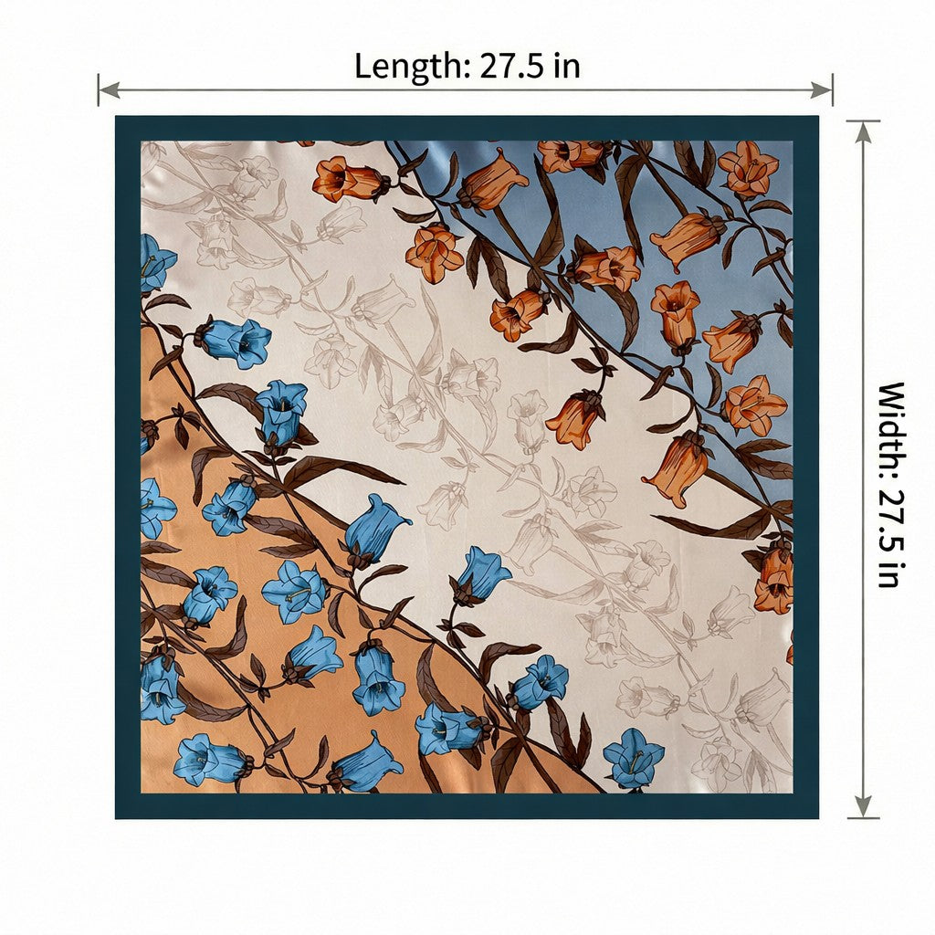 Square Floral Silk Feel Scarf Lightweight Botanical Neck Hair Wrap 27.5 Inch
