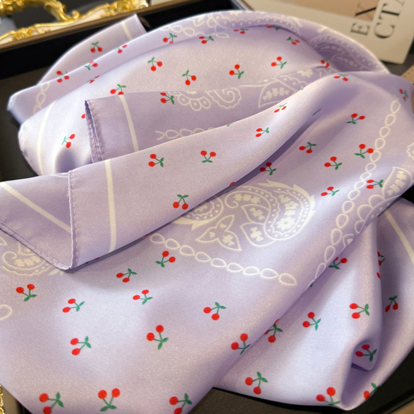 Paisley Cherry Print Square Satin Scarf Lightweight Hair Neck Accessory
