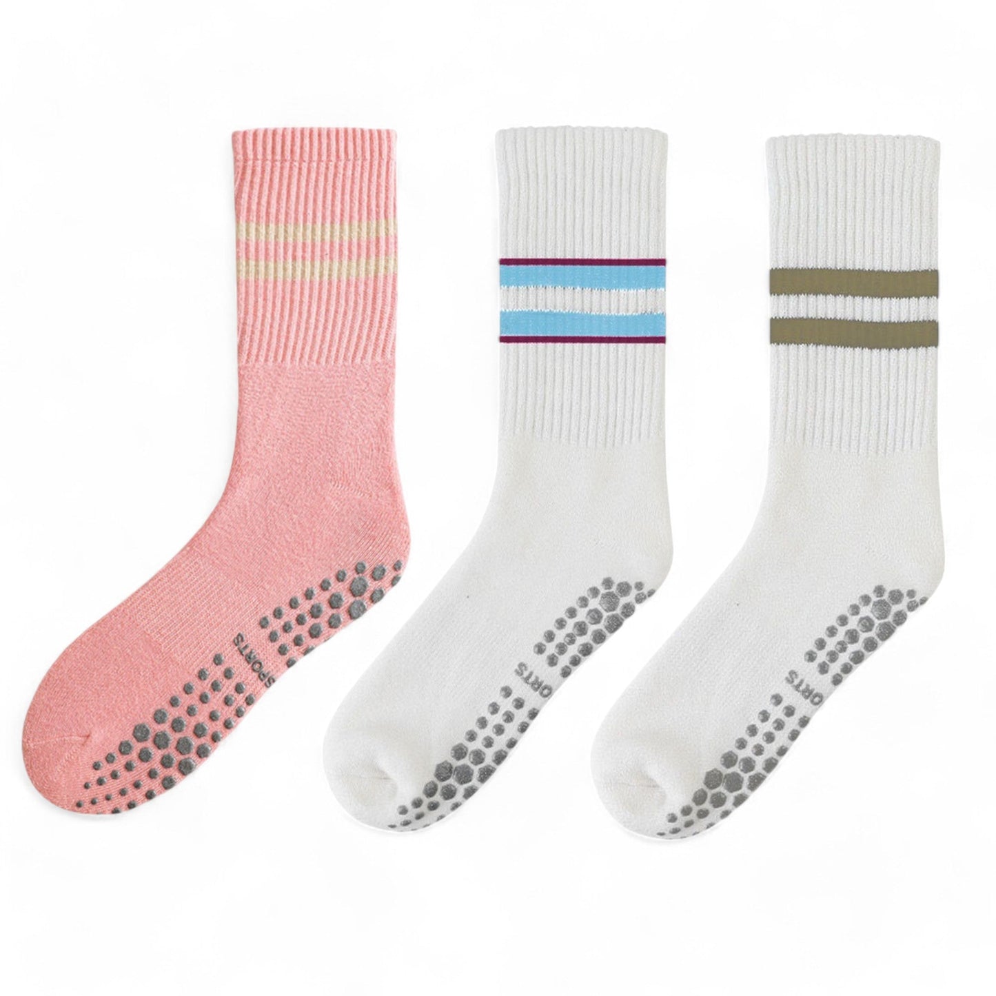 3-Pack Non-Slip Athletic Crew Socks with Striped Detail and Cushioned Support