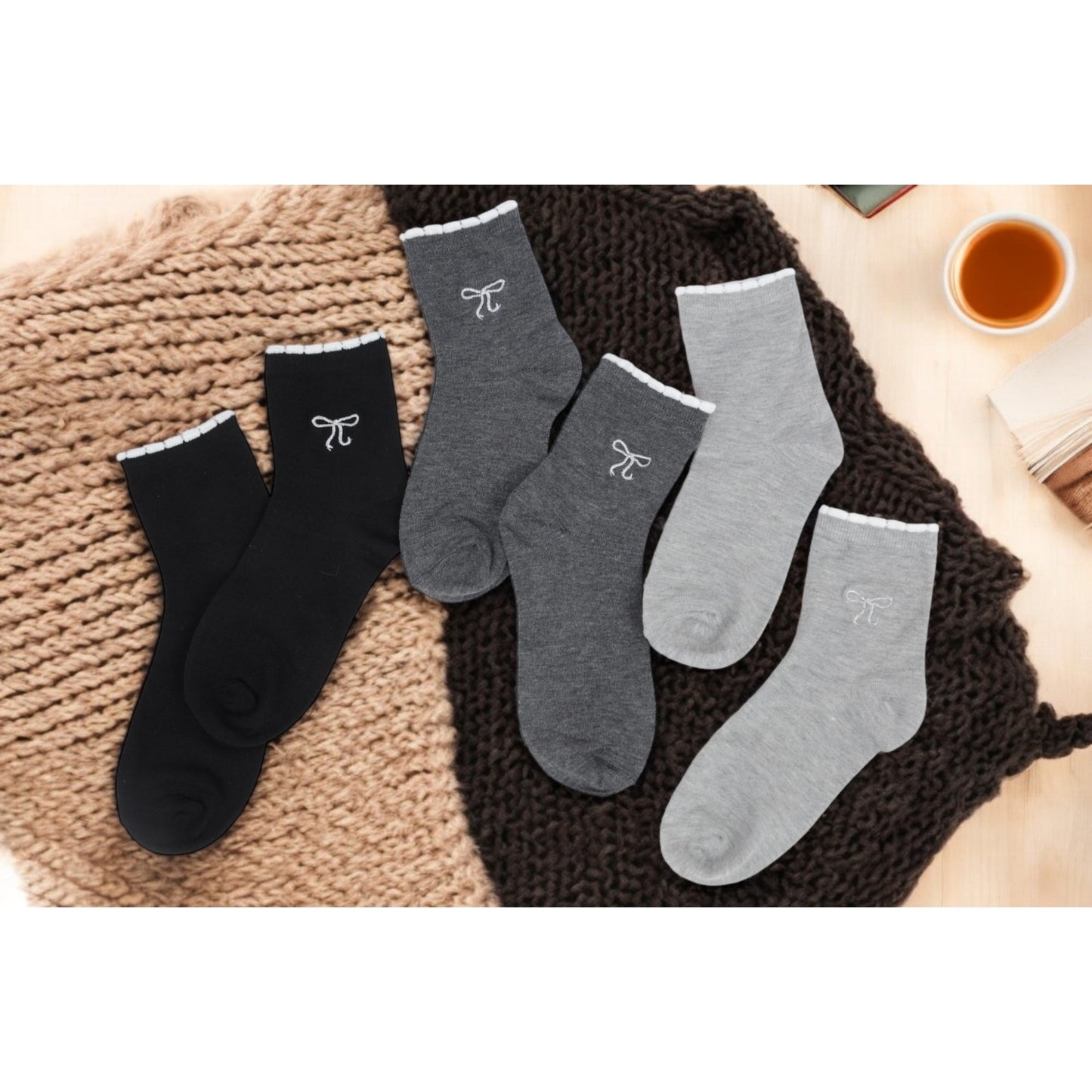 3-Pack Soft Knit Ankle Socks with Scalloped Trim and Embroidered Bow Detail