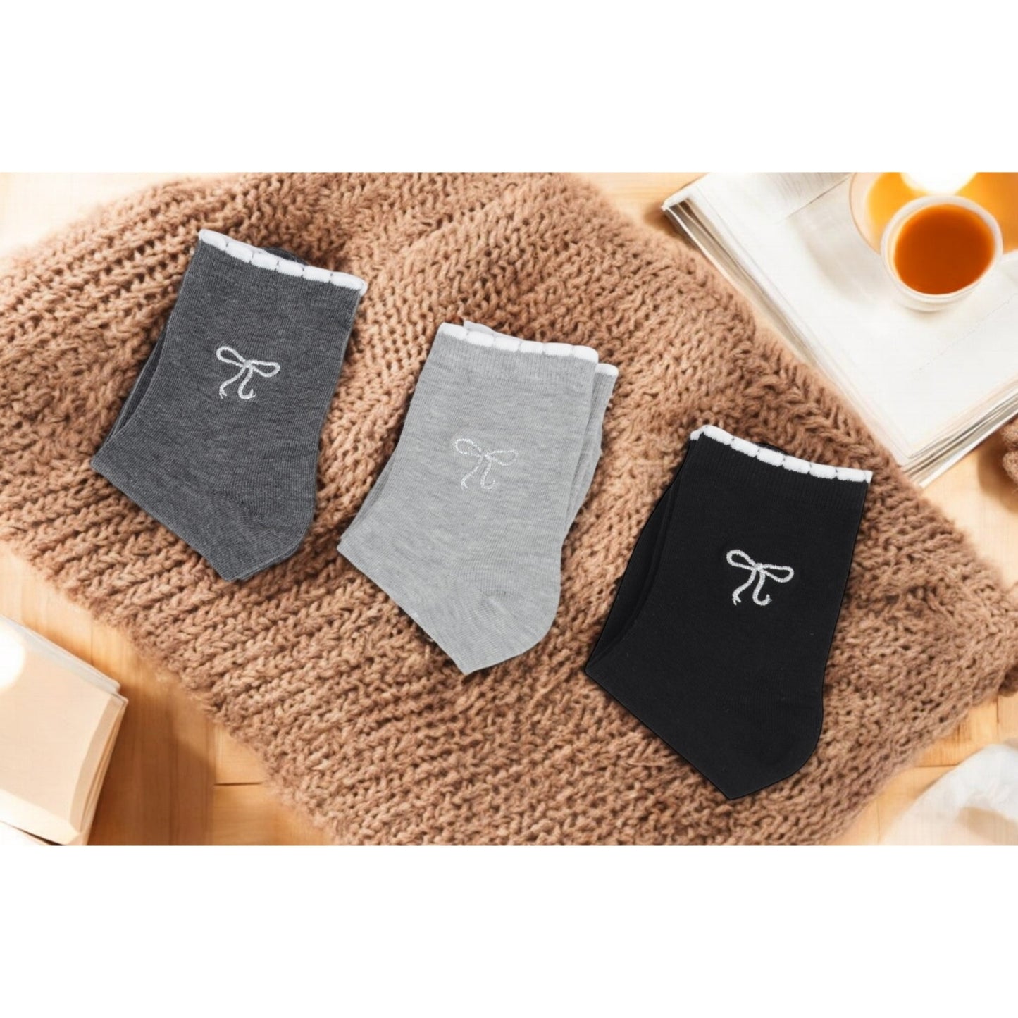 3-Pack Soft Knit Ankle Socks with Scalloped Trim and Embroidered Bow Detail
