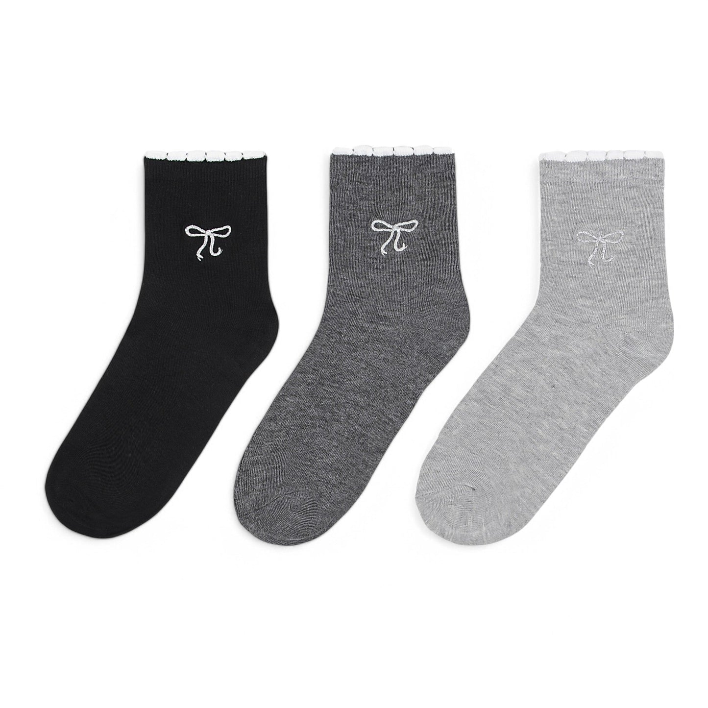 3-Pack Soft Knit Ankle Socks with Scalloped Trim and Embroidered Bow Detail