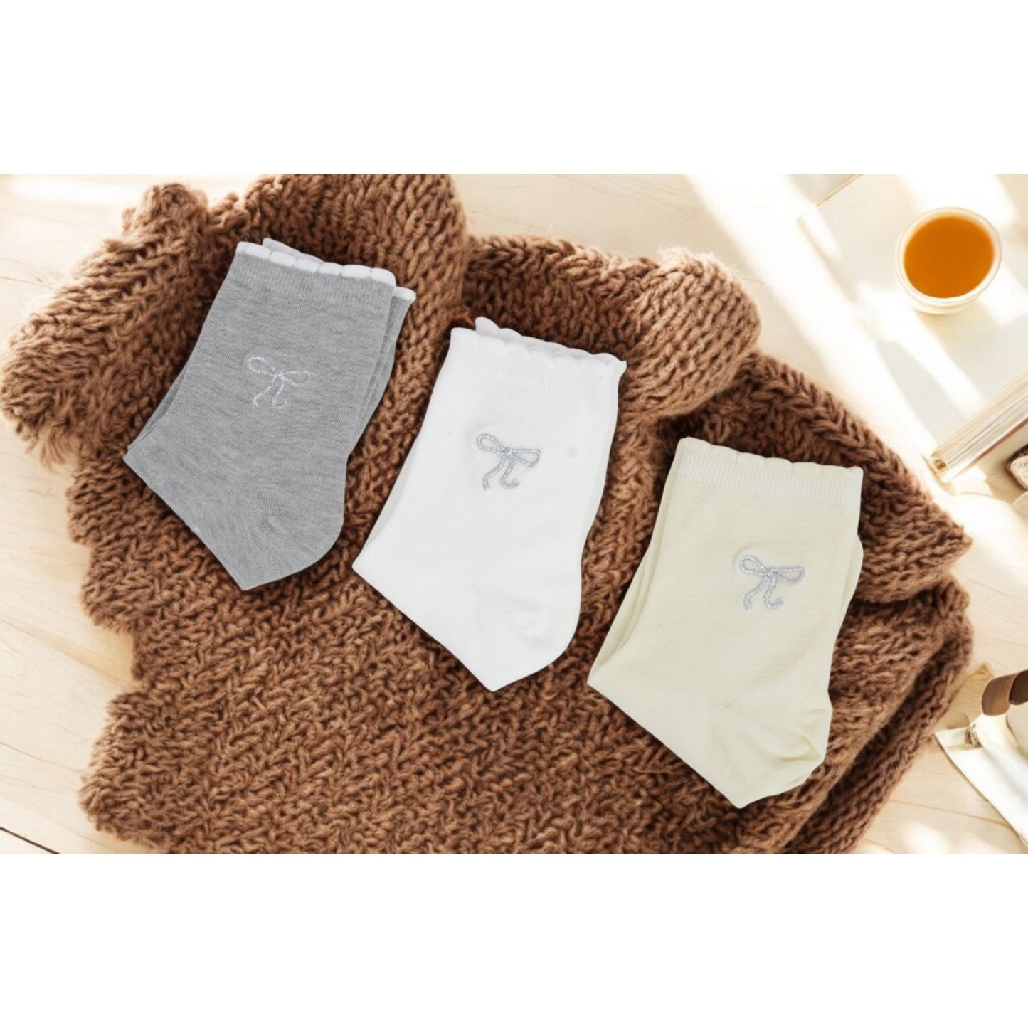 3-Pack Soft Knit Ankle Socks with Scalloped Trim and Embroidered Bow Detail