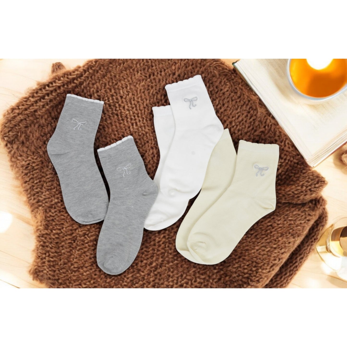 3-Pack Soft Knit Ankle Socks with Scalloped Trim and Embroidered Bow Detail