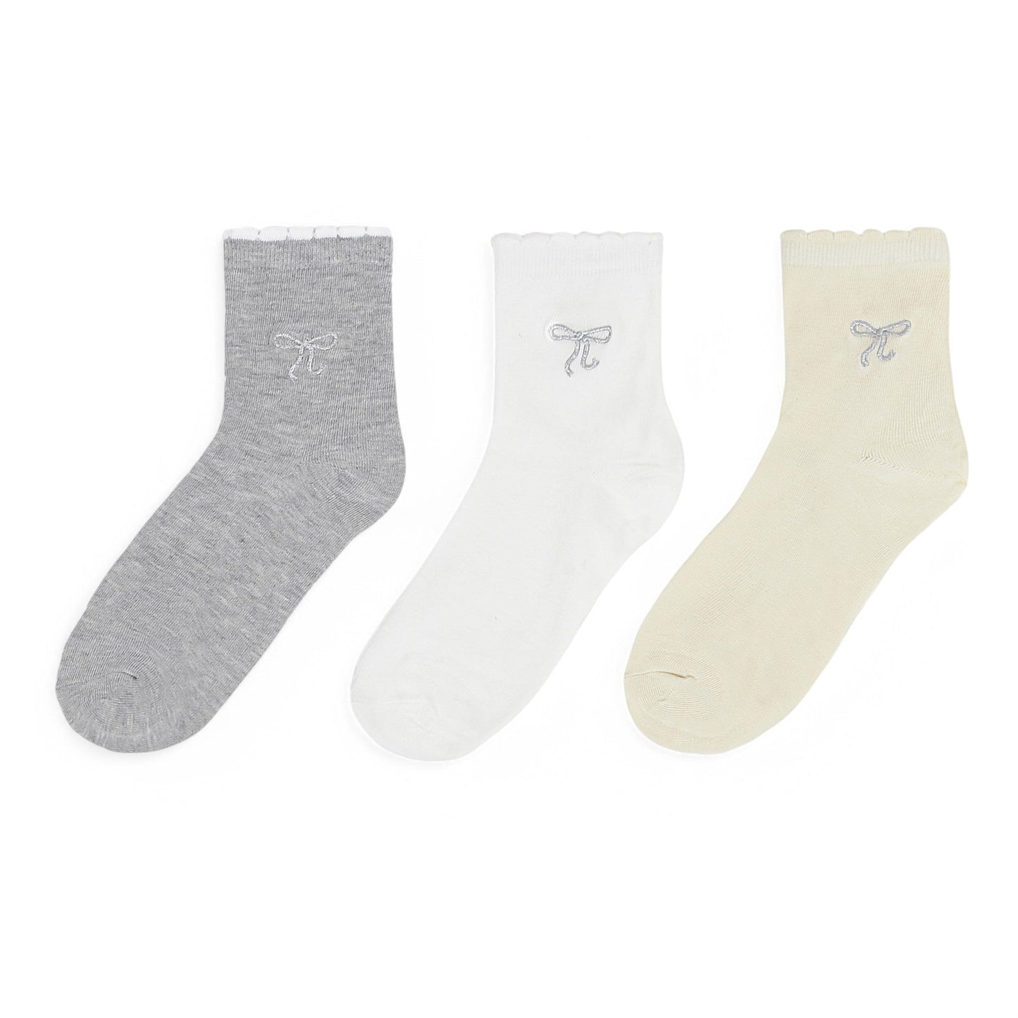 3-Pack Soft Knit Ankle Socks with Scalloped Trim and Embroidered Bow Detail