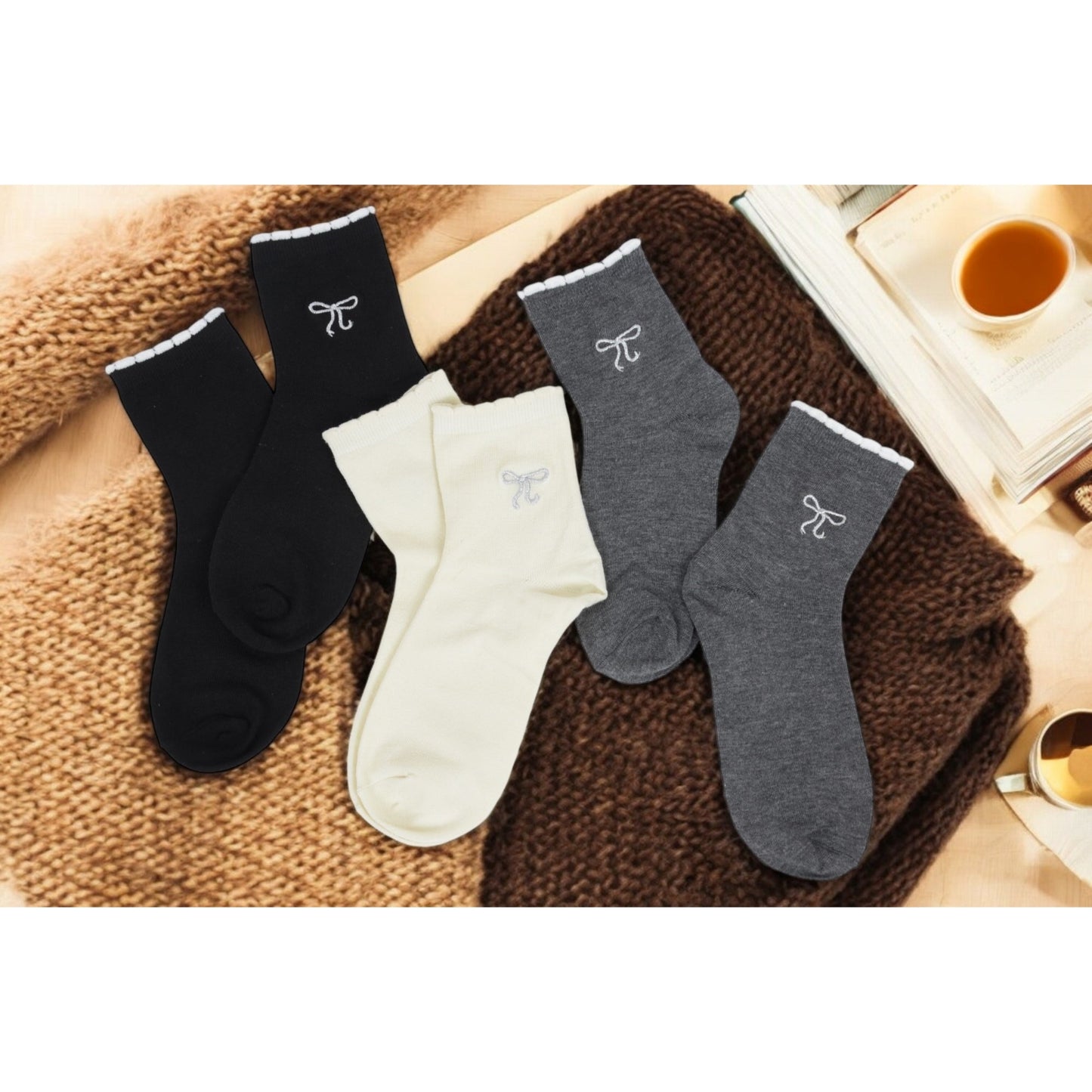 3-Pack Soft Knit Ankle Socks with Scalloped Trim and Embroidered Bow Detail