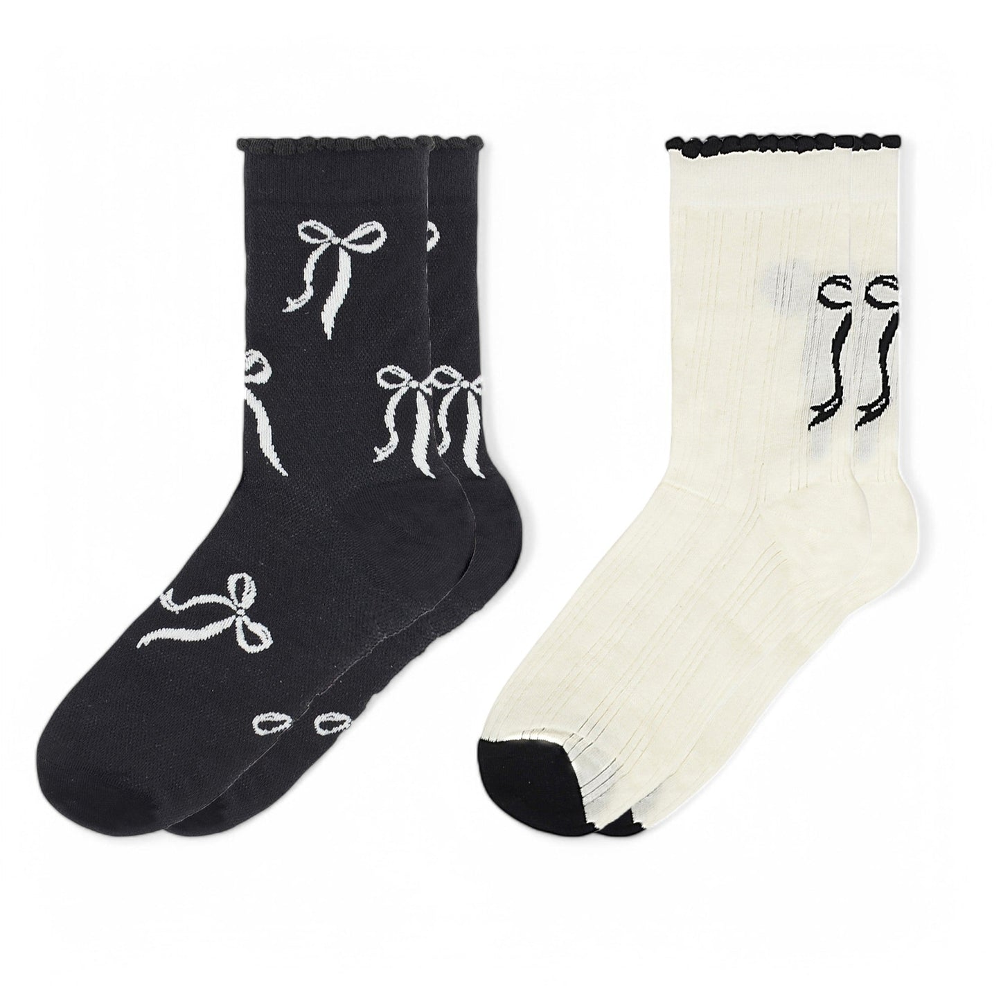 2-Pack Bow Pattern Crew Socks with Scalloped Trim and Contrast Details