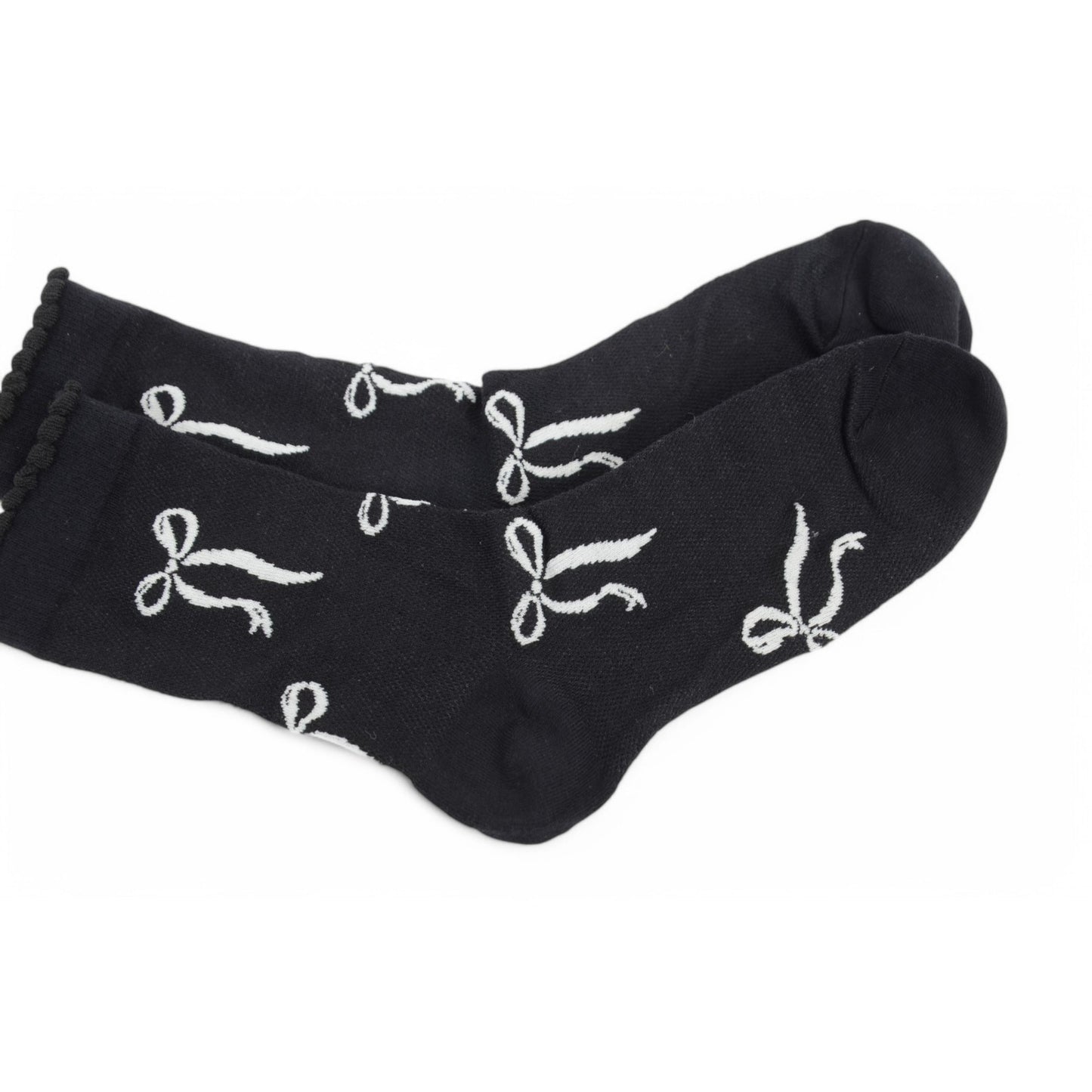 2-Pack Bow Pattern Crew Socks with Scalloped Trim and Contrast Details