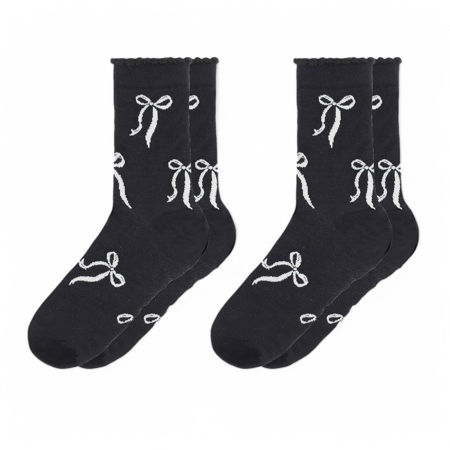 2-Pack Bow Pattern Crew Socks with Scalloped Trim and Contrast Details