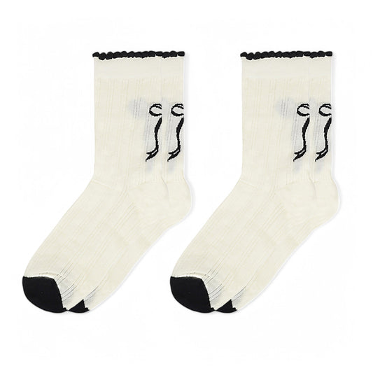 2-Pack Bow Pattern Crew Socks with Scalloped Trim and Contrast Details