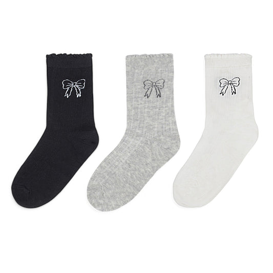 3-Pack Bow Embroidery Crew Socks with Scalloped Trim and Soft Knit Fabric