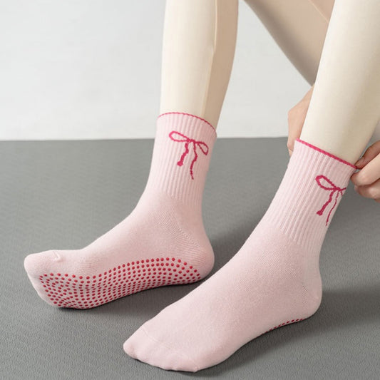 2-Pack Non-Slip Grip Socks with Bow Embroidery and Anti-Skid Dot Soles