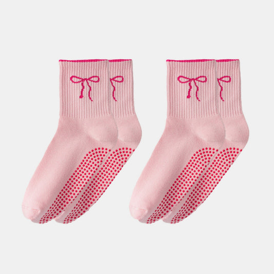 2-Pack Non-Slip Grip Socks with Bow Embroidery and Anti-Skid Dot Soles