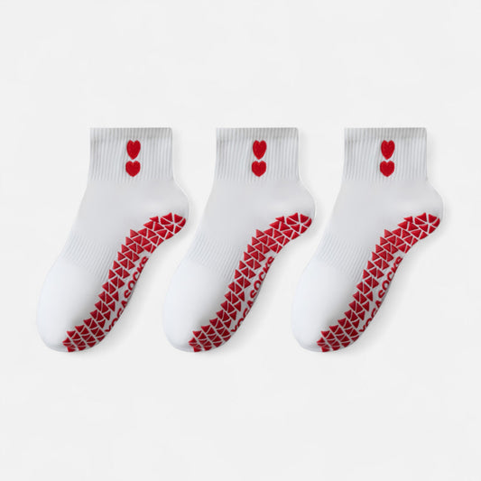 Grip Ankle Socks 3-Pack with Heart Embroidery and Anti-Slip Soles for Yoga and Indoor Use