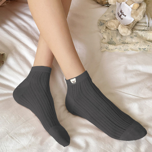 Cute Bear-Embroidered Striped Ankle Socks 6Pk