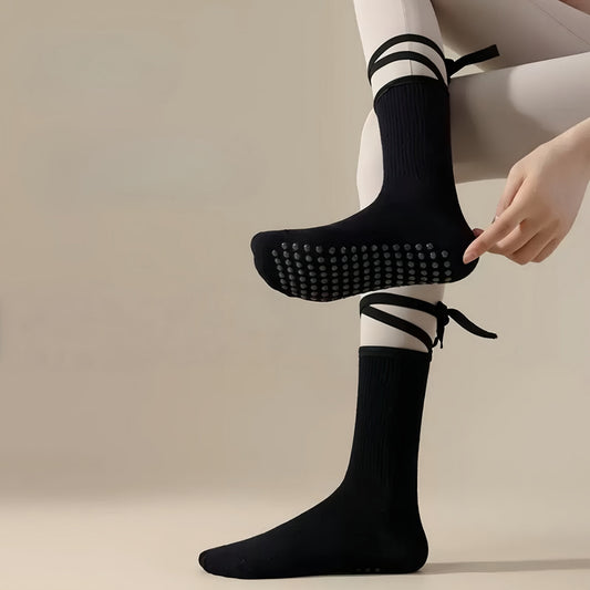 2-Pack Over-the-Calf Grip Socks with Ribbon Tie and Non-Slip Sole for Barre Pilates Yoga
