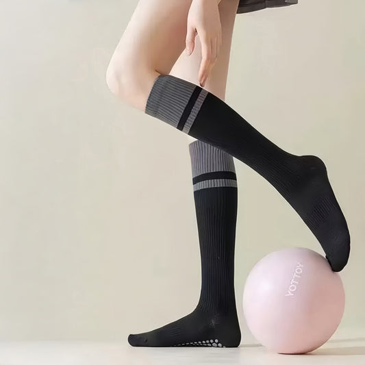 2-Pack Knee High Grip Socks with Ribbed Texture and Anti-Slip Soles for Studio Workouts