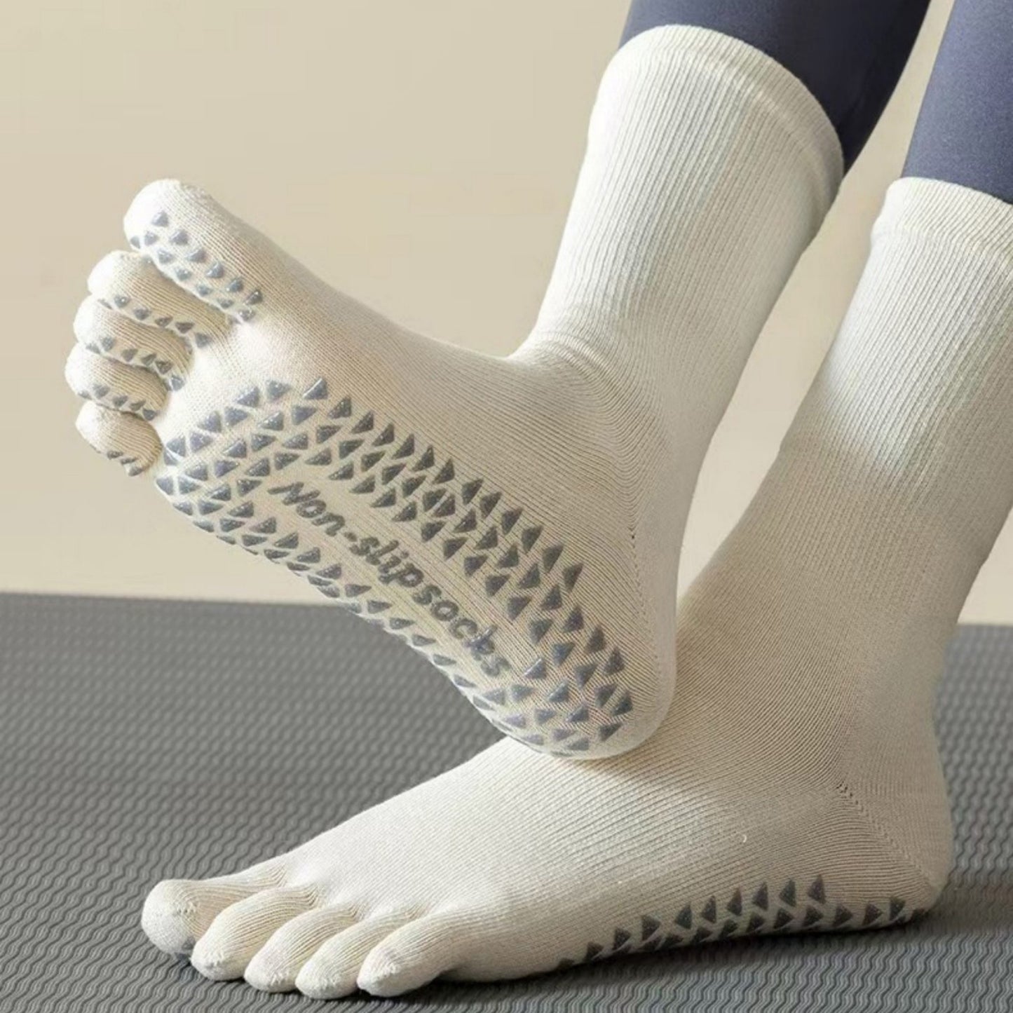 2-Pack Grip Toe Socks with Non-Slip Soles and Ribbed Knit in Neutral Tones for Yoga and Studio Classes