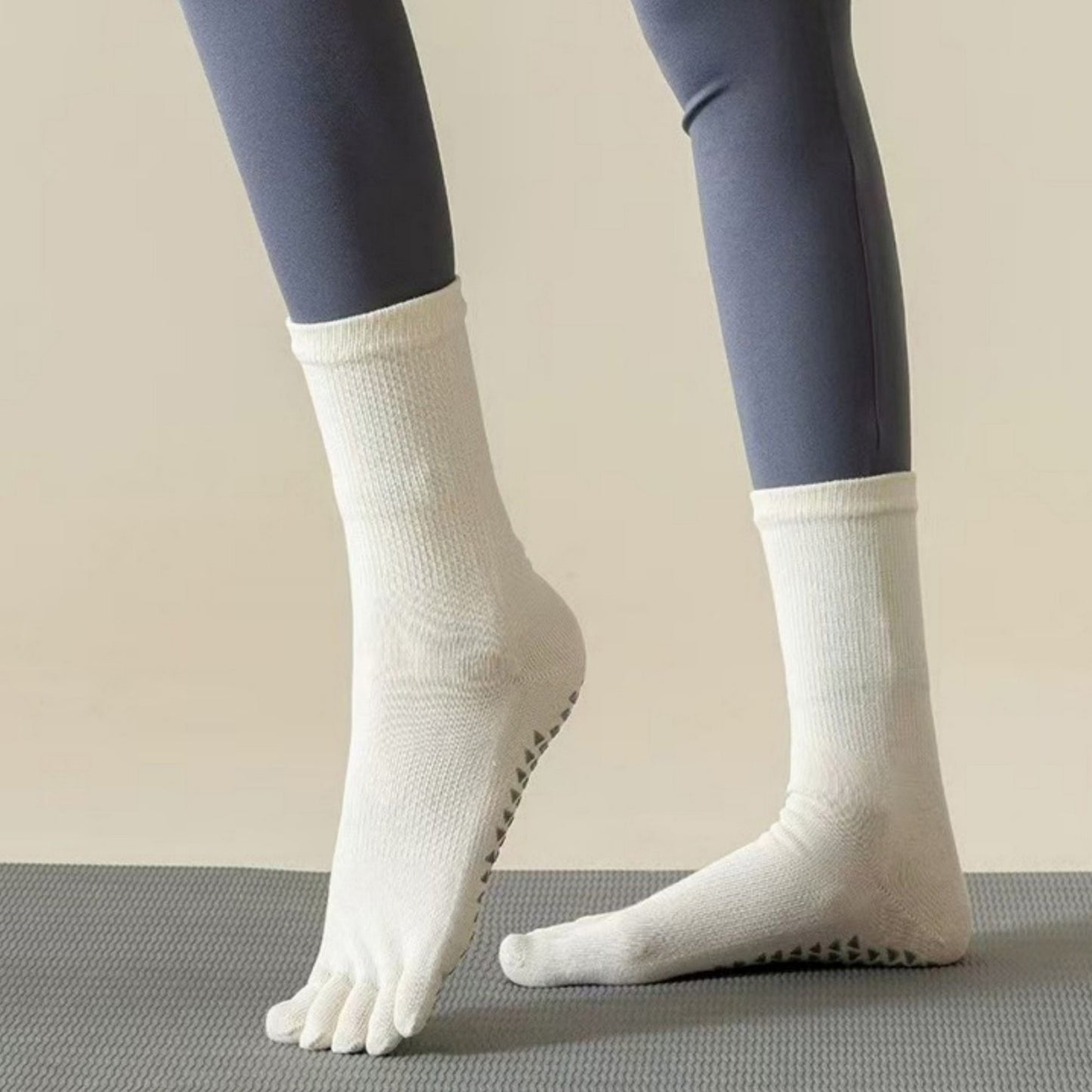 2-Pack Grip Toe Socks with Non-Slip Soles and Ribbed Knit in Neutral Tones for Yoga and Studio Classes