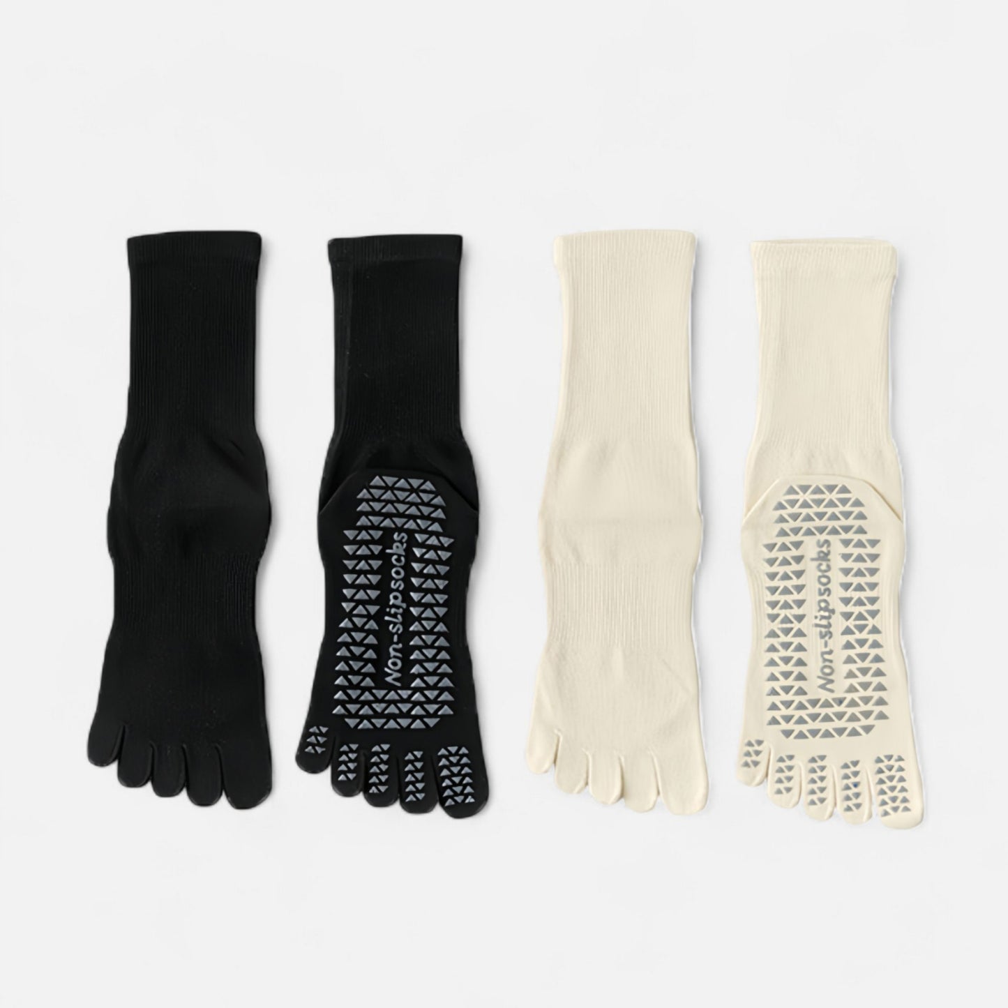 2-Pack Grip Toe Socks with Non-Slip Soles and Ribbed Knit in Neutral Tones for Yoga and Studio Classes