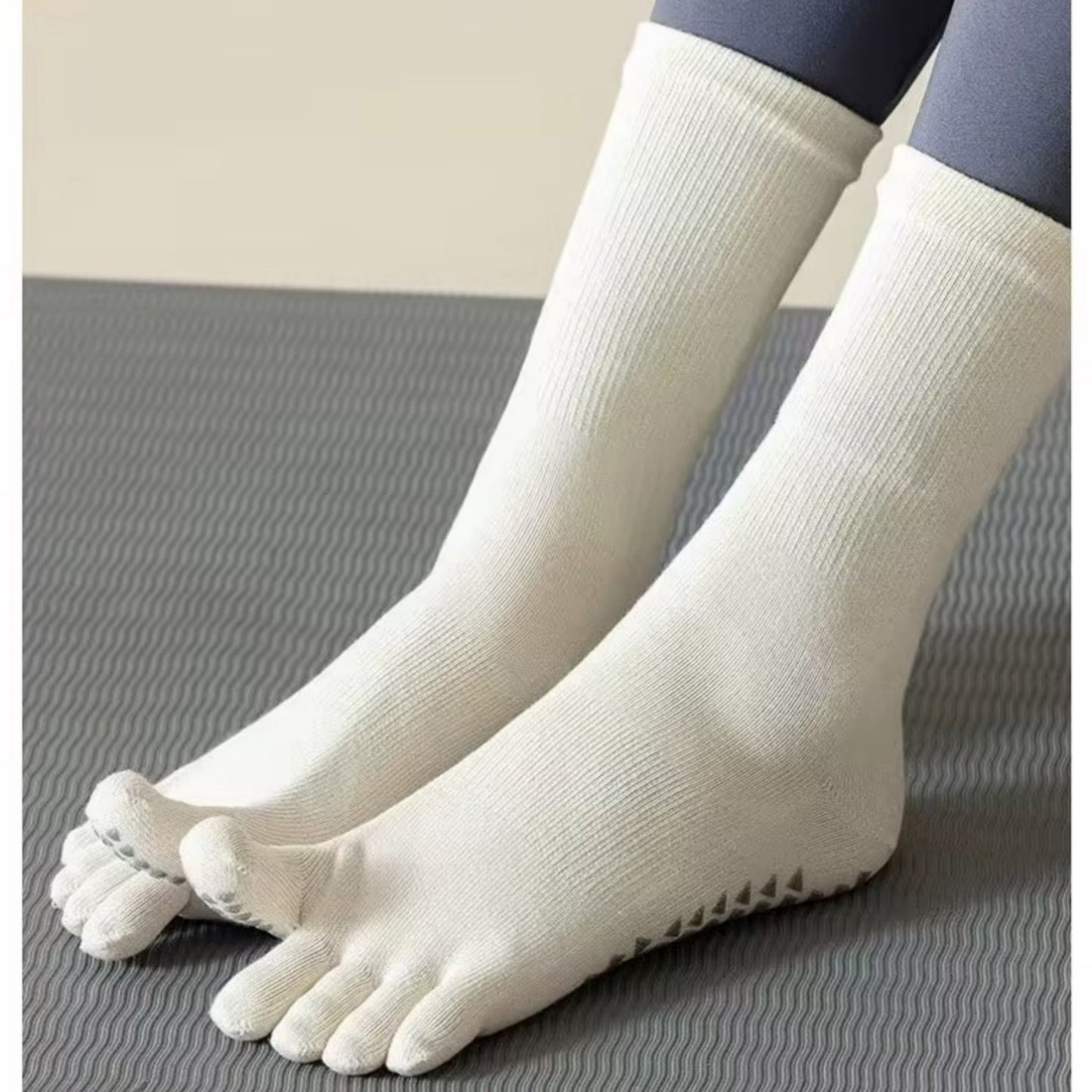 2-Pack Grip Toe Socks with Non-Slip Soles and Ribbed Knit in Neutral Tones for Yoga and Studio Classes