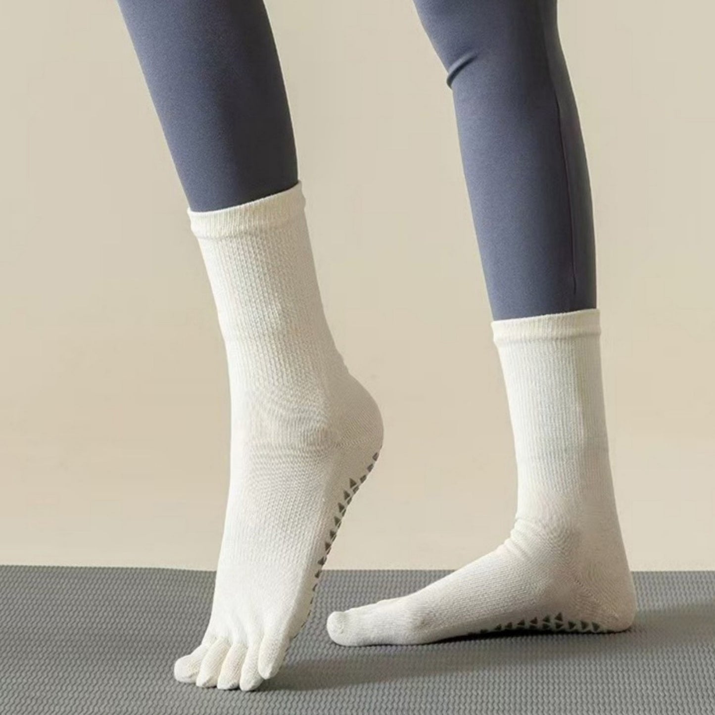 2-Pack Grip Toe Socks with Non-Slip Soles and Ribbed Knit in Neutral Tones for Yoga and Studio Classes