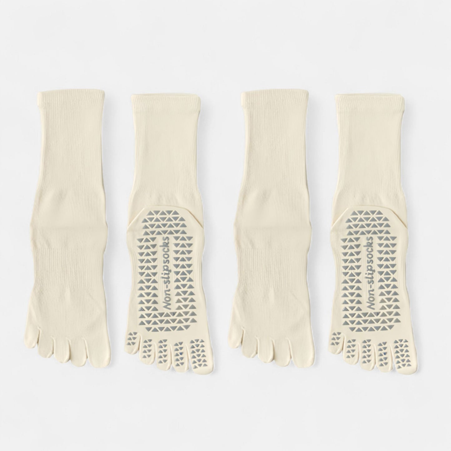 2-Pack Grip Toe Socks with Non-Slip Soles and Ribbed Knit in Neutral Tones for Yoga and Studio Classes