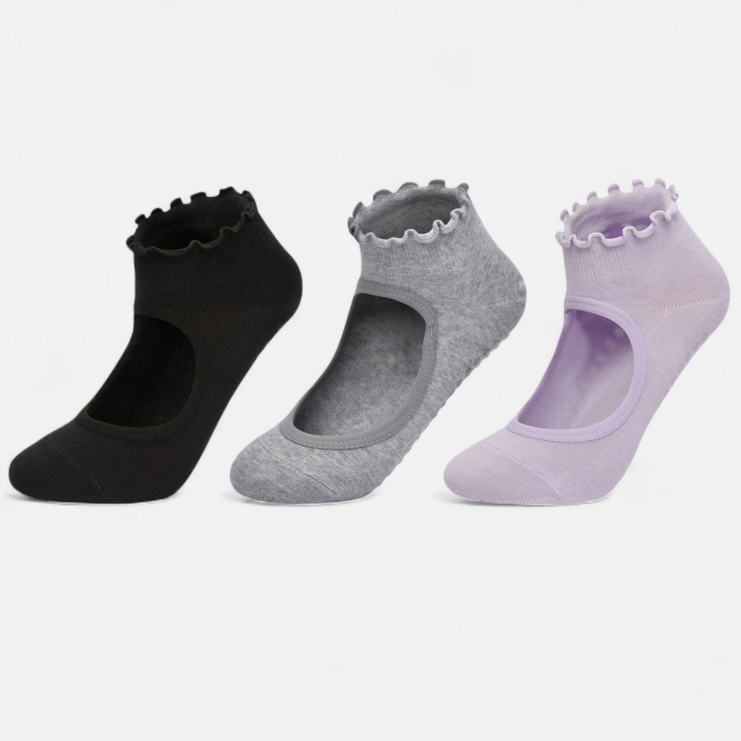 3-Pack Non-Slip Ballet Cut Ankle Socks with Ruffled Trim and Grip Soles for Yoga or Daily Wear
