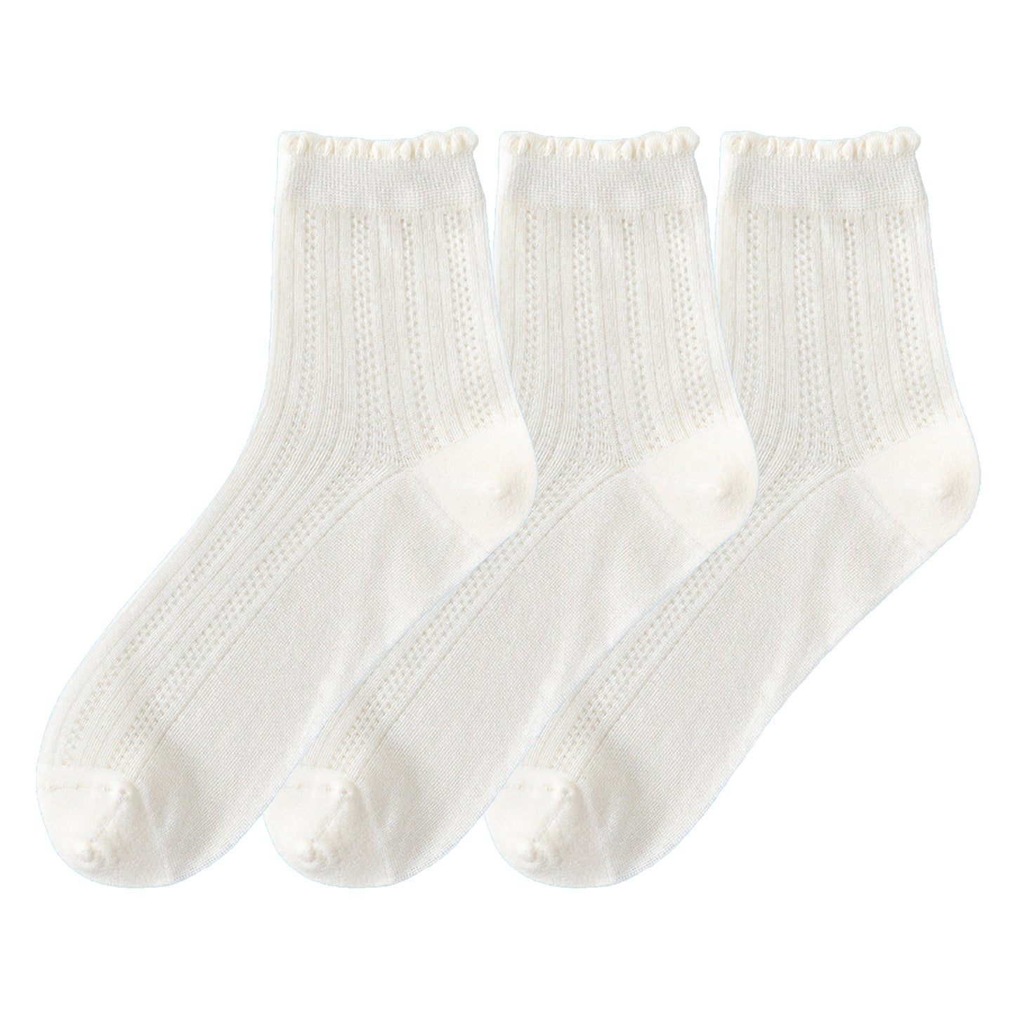 3 Pairs Ruffle Trim Crew Socks Soft Cotton Knit Lightweight Ribbed Texture with Scalloped Edge for Everyday Wear