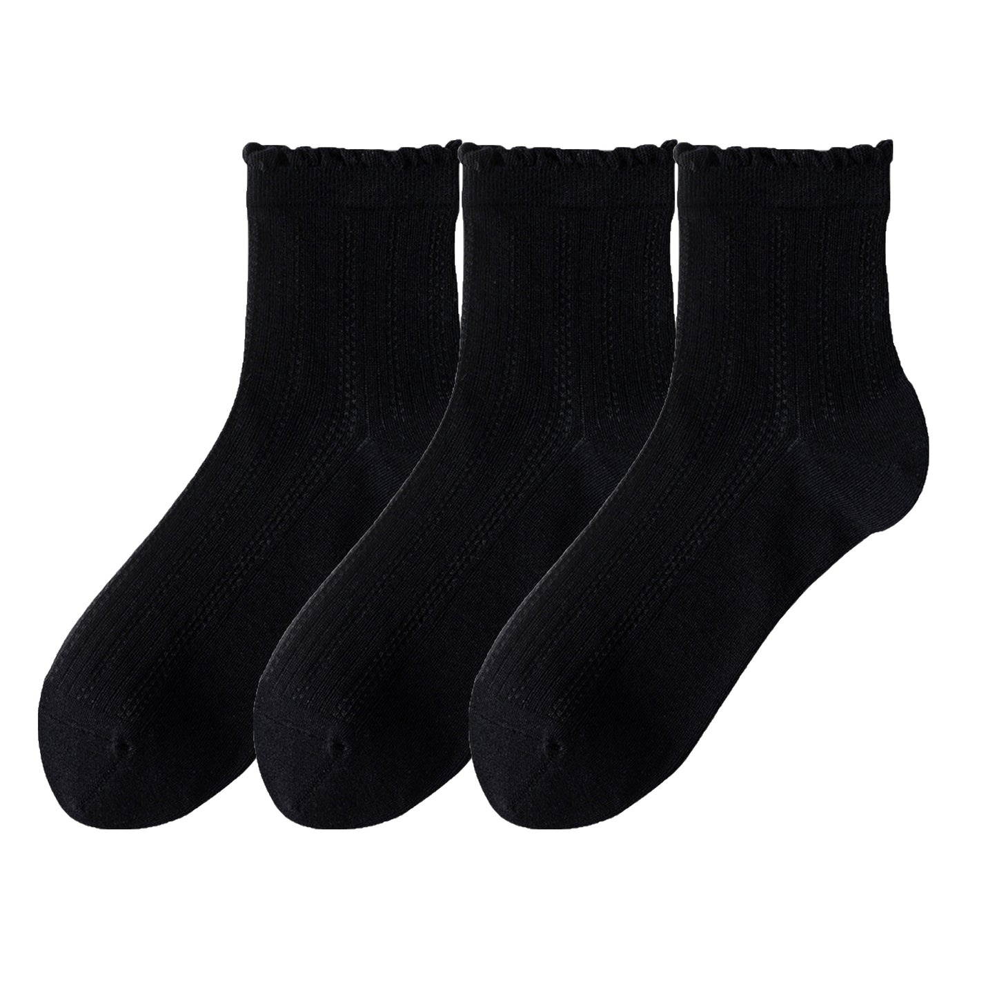 3 Pairs Ruffle Trim Crew Socks Soft Cotton Knit Lightweight Ribbed Texture with Scalloped Edge for Everyday Wear