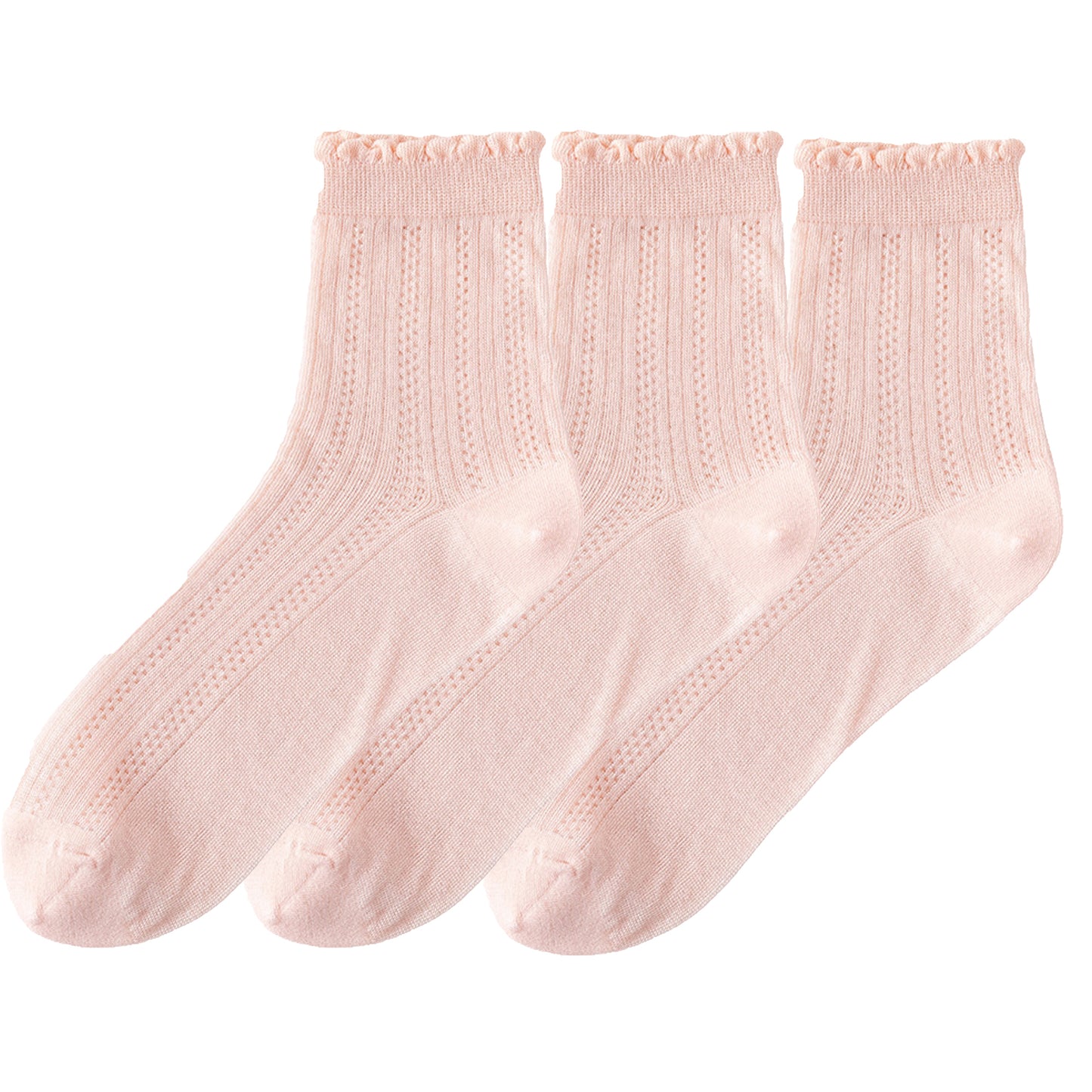 3 Pairs Ruffle Trim Crew Socks Soft Cotton Knit Lightweight Ribbed Texture with Scalloped Edge for Everyday Wear